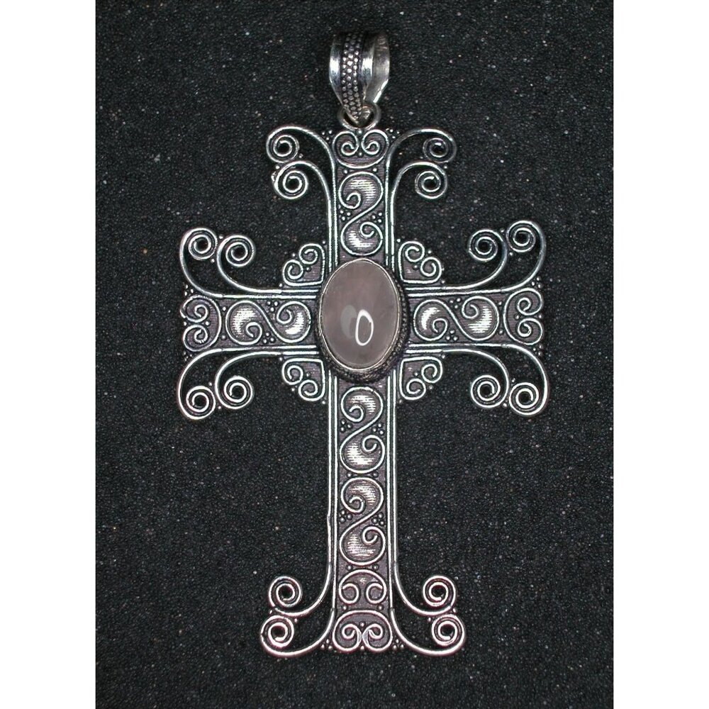 Handcrafted 925 Silver Filigree Cross Pendant With Polished Rose Quartz Centerpi